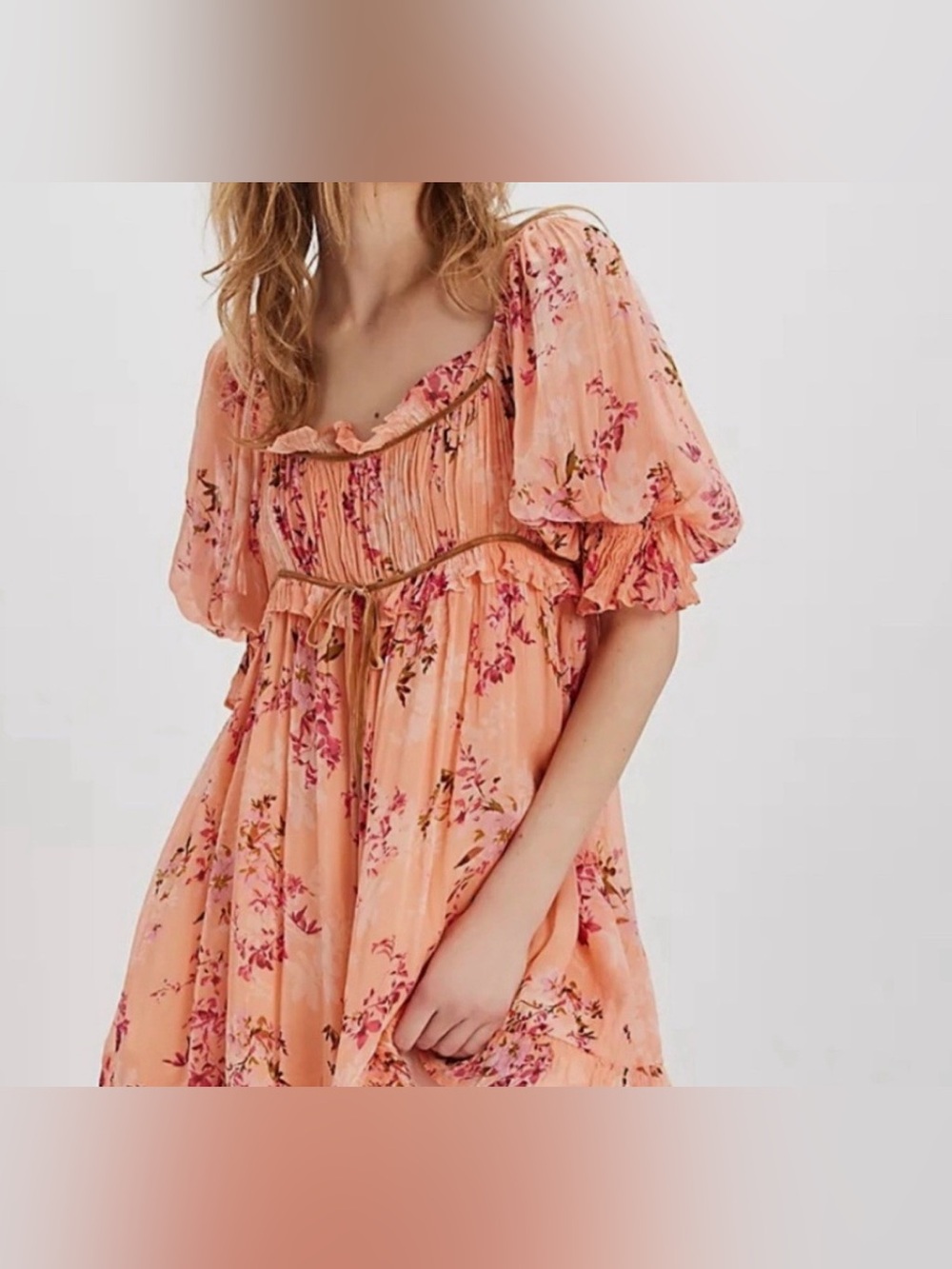 Free People Marney mini floral dress Puff Sleeve with Velvet Ribbon